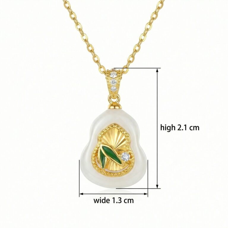 925 Sterling Silver Elegant White Jade Gourd Pendant Necklace Featuring Green Bamboo and Sparkling Accents