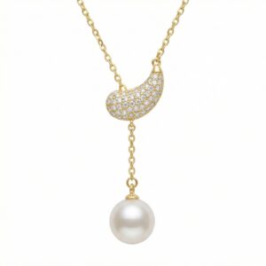 925 Sterling Silver Shimmering Crescent Pavé Pendant Necklace with Radiant Pearl Drop