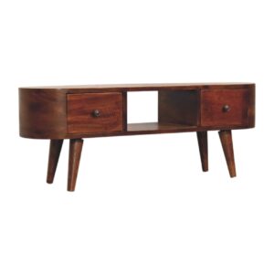 Solid Wood Chestnut Round Open Media Unit, 2 Drawers, 1 Open Slot, Dark Brown