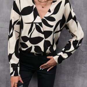 Printed V-Neck Long-Sleeve Loose Casual Fashion Top
