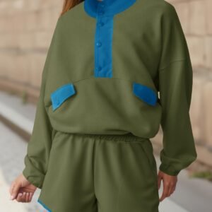 Fisoew Womens 2 Piece Sets Sweatsuits Casual Half Button Color Block Sweatshirts Running Shorts Tracksuits Fall Outfits