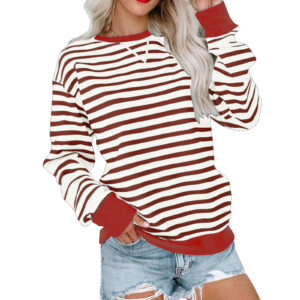 New Striped Color-Blocked Long-Sleeved Casual Crew Neck Sweatshirt