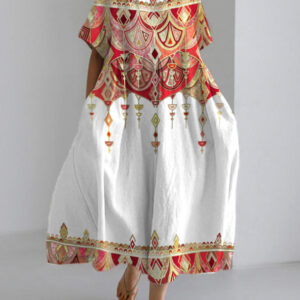 Digital-print Short-sleeve Loose Plus-size Dress For Women