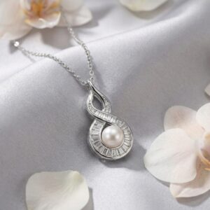 925 Sterling Silver Elegant White Pearl and Baguette Diamond Infinity Twist Pendant Necklace