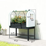 Galvanised Raised Garden Bed with Greenhouse Cover, Metal Elevated Garden Bed with Bed Liner, Bottom Shelf, Black