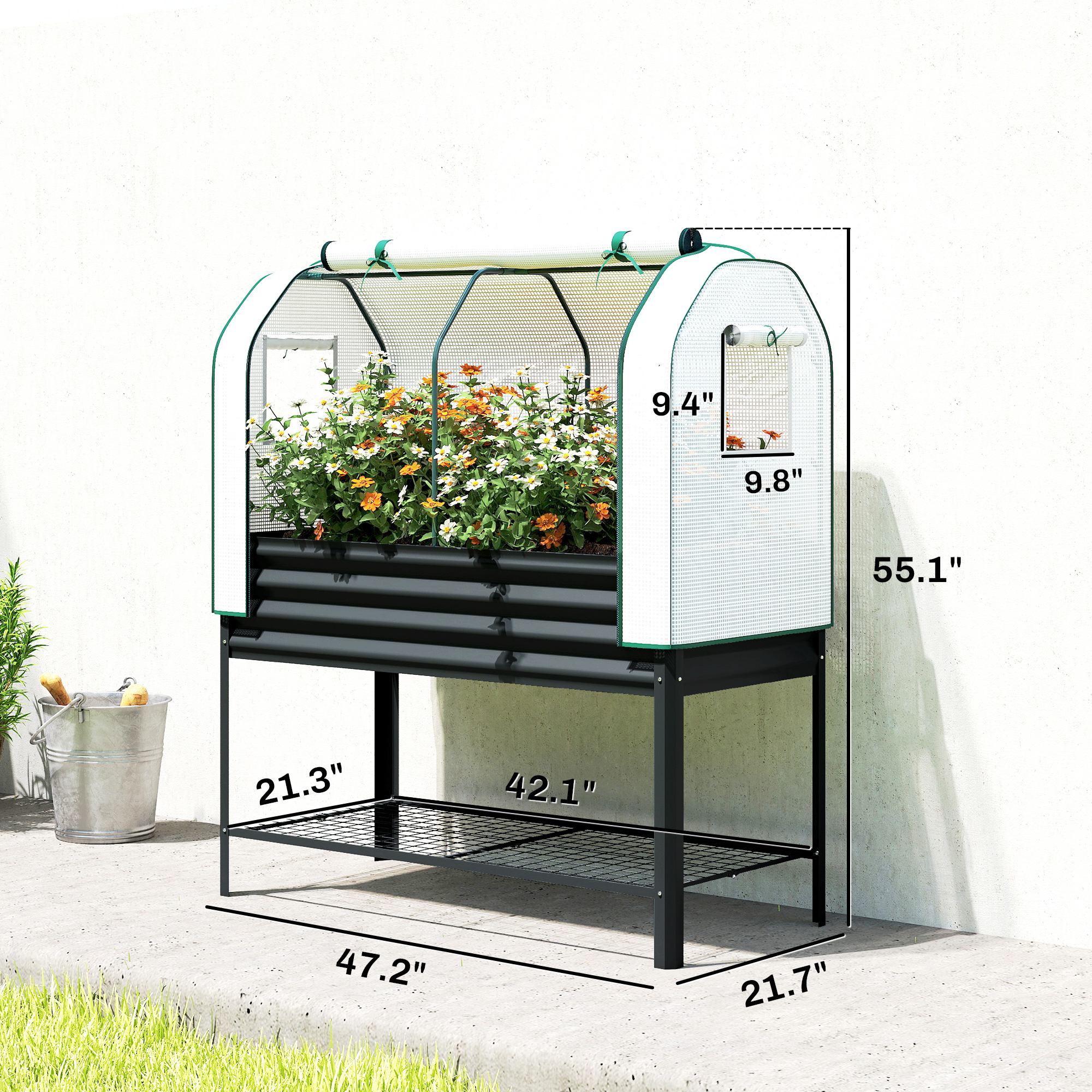 Galvanised Raised Garden Bed with Greenhouse Cover, Metal Elevated Garden Bed with Bed Liner, Bottom Shelf, Black