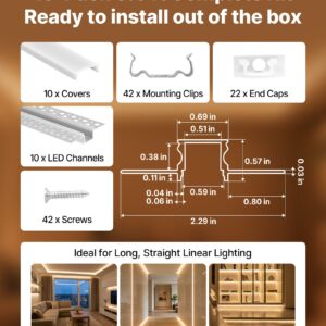 Plaster-in LED Aluminum Channel, 10-Pack 6.6 Ft/2M, Trimless Recessed Drywall LED Strip Diffuser Channel, With Milky Cover, End Caps And Mounting Clips, Aluminum Profile, For Wall And Ceiling