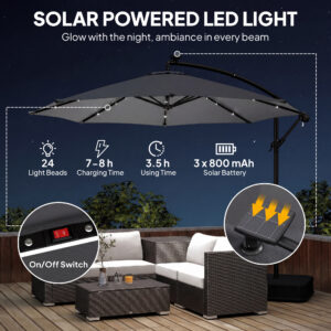 10 ft Cantilever Patio Umbrella with Light, Weight, Offset Hanging Outdoor Umbrella with Protective Cover, Dark Gray