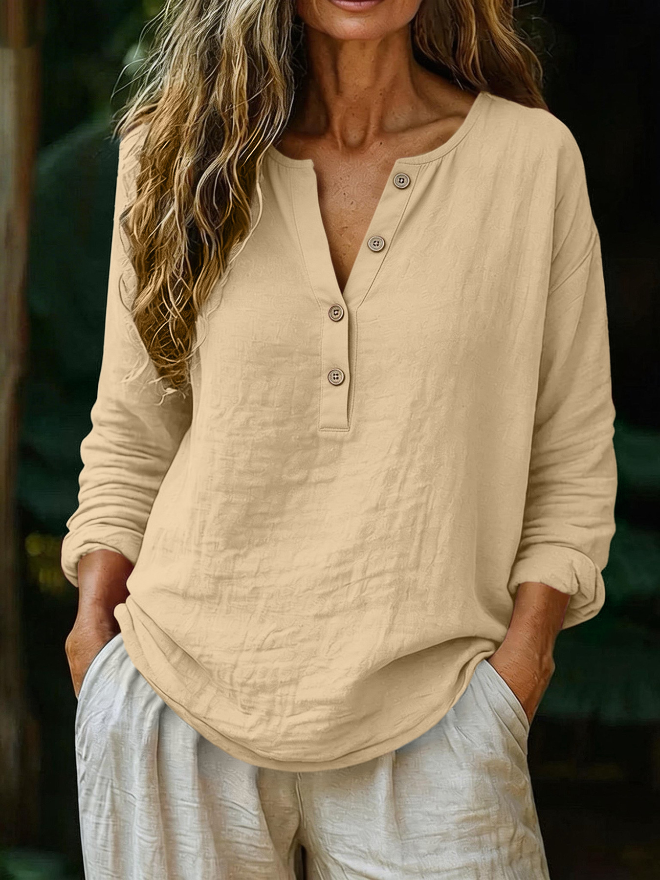 Casual Solid Color Cotton-Linen Long-Sleeve Half-Placket V-Neck - Image 15