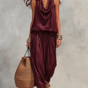 Womens Draped-Neck Vest And Casual Pants Set