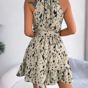 Women's Casual Leopard Print Ruffle Hem Flowy Halter Dress