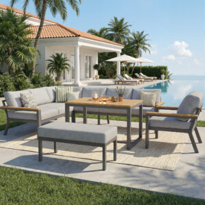 Eight-person L-shaped Garden Sofa Set With Wooden Table Weatherproof Corner Suite Made Of Iron Including Armchair, Bench & Wooden Worktop With Grey Cushions