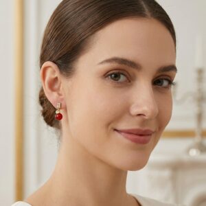 925 Sterling Silver Sophisticated Red Sphere Drop Earrings with Rectangular Clear Gemstone Accents