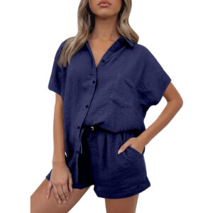Casual Fashion Cotton And Linen Shirt And Shorts Set Womens Clothing