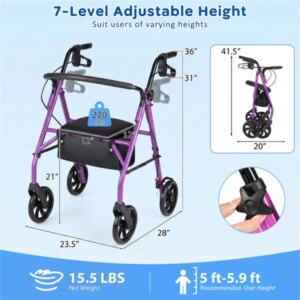 2-in-1 Rollator Walker With Seat (Purple), 8-Inch Large Wheels & Versatile Braking System, Adjustable Height