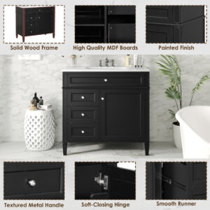 36'' Bathroom Vanity With Top Sink, Modern Bathroom Storage Cabinet With 2 Drawers And A Tip-out Drawer, Single Sink Bathroom Vanity