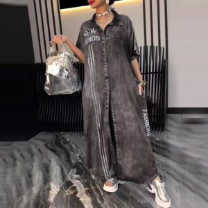 Spring Summer Mid-Length Denim Printed Dress