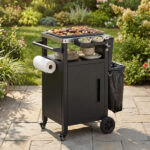 K&K 33.9 Outdoor Grill Cart With Drop Leaf, Outdoor Metal Bar Cart Pizza Oven Table With Wheels, Stainless Steel Top, Outdoor Kitchen Island With Storage Cabinet & Spice & Paper Rack For BBQ, Waterpr