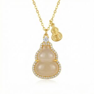 925 Sterling Silver Elegant Gourd Nephrite Jade Pendant Necklace with Sparkling Gemstone Halo and Wealth Charm