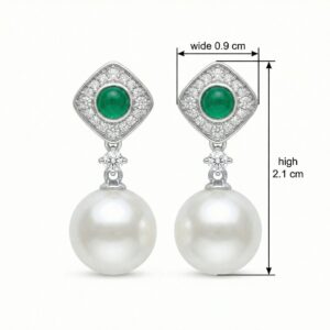 925 Sterling Silver Elegant Pearl Drop Earrings with Cabochon Emeralds and Diamond-Accented Geometric Settings