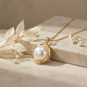 925 Sterling Silver Elegant Luminous Round Pearl Pendant Necklace in Sculpted Polished Cushion Frame Setting