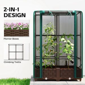 Raised Garden Bed with Trellis, 46.5" Tomato Cage with Crop Cage, Self Watering Planter Box with Drainage Holes, Green