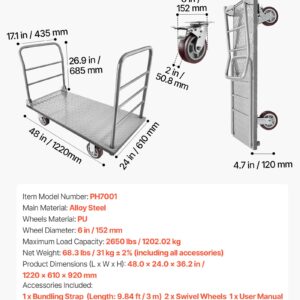 Platform Truck, 2650 Lbs Capacity, Heavy Duty Flatbed Cart Dolly With Detachable Guardrail And Swivel Wheels, Foldable Hand Push Truck Cart, For Groceries, Garage, Warehouse, 48 X 24 X 36.2 In