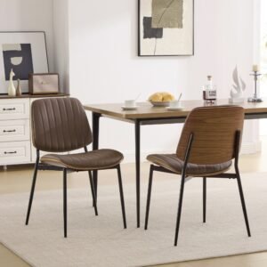 Dining Chairs Set Of 2 Mid Century Modern Retro Faux Leather Chair With Walnut Bentwood Back Upholstered Seat Metal Legs Adjustable Foot For Kitchen Dining Room Chairs Brown PU,SW1849BR