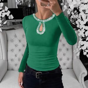 3D Rhinestone Embellished Crewneck Ribbed Long-sleeve Top