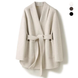 Camel-wool V-neck Wool Double-faced Wool Belted Coat