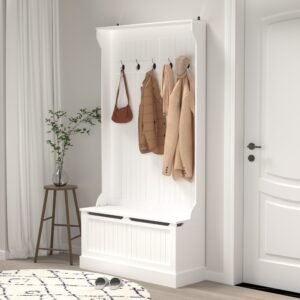 Entryway Bench With Standing Coat Rack, Hall Tree With Shoe Storage Bench, Entryway Organizer With 5 Hooks, White