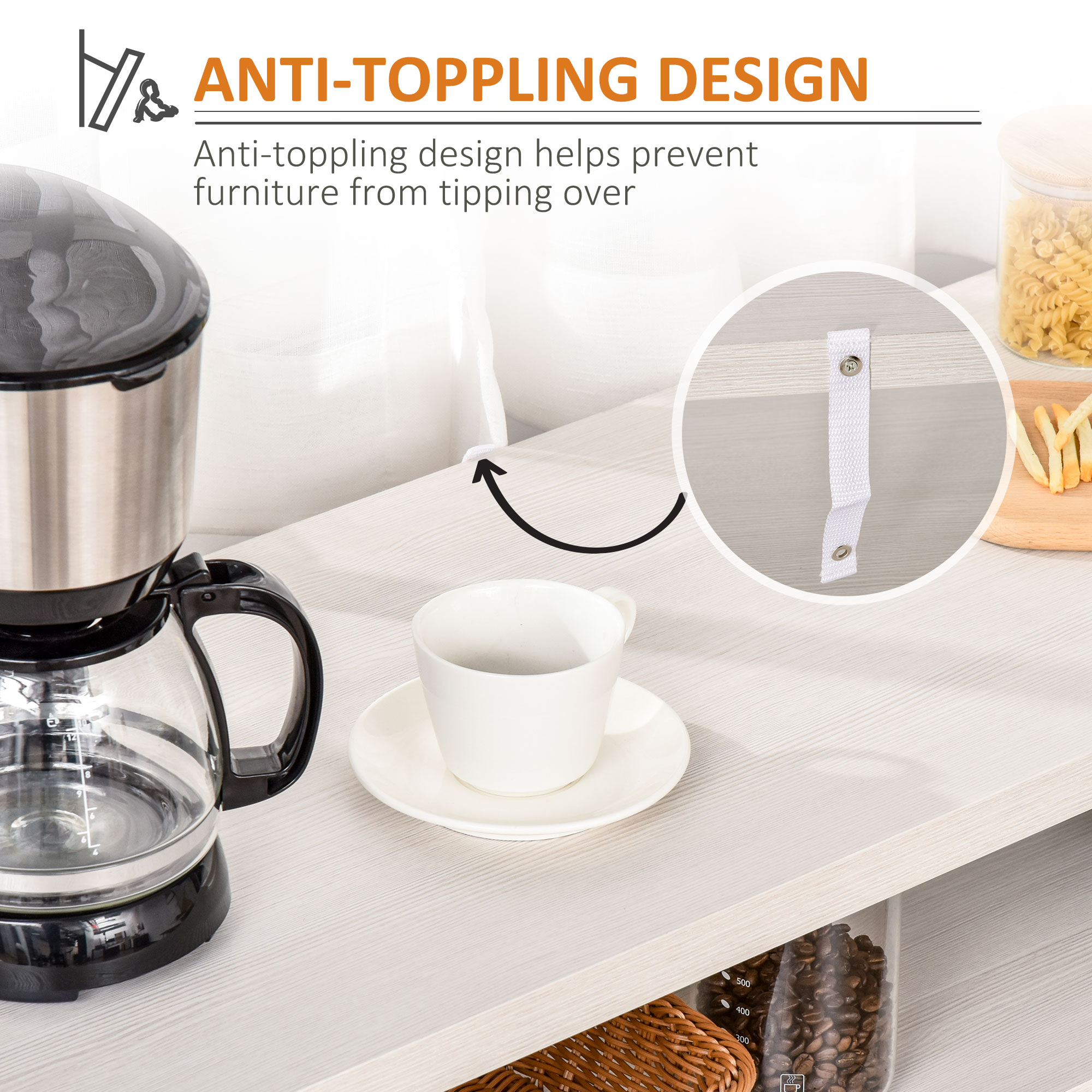 Farmhouse Sideboard Buffet Cabinet, Coffee Bar Cabinet with Storage Shelves, Kitchen Cabinet with 2 Framed Glass Doors and Anti-Topple, White