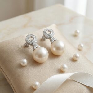 925 Sterling Silver Elegant White Pearl Drop Earrings with Diamond-Encrusted Circular Accents