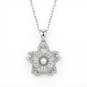 925 Sterling Silver Elegant Silver Cherry Blossom Flower Pendant Necklace with Center Pearl
