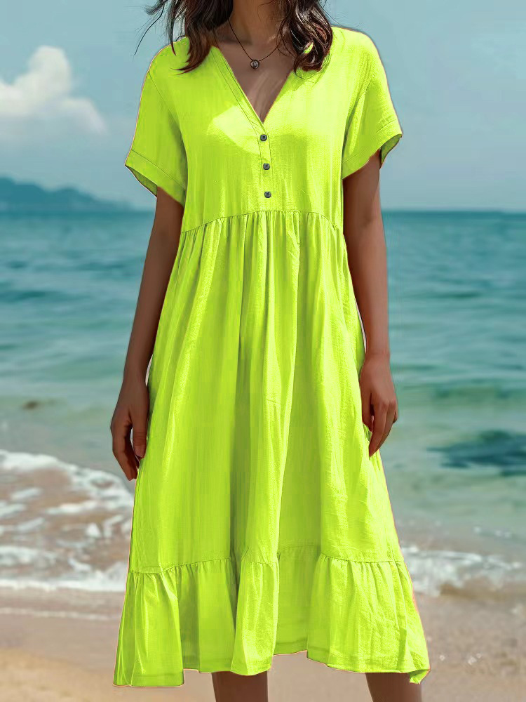 Solid-color Short-sleeve Fashionable Pleated Dress