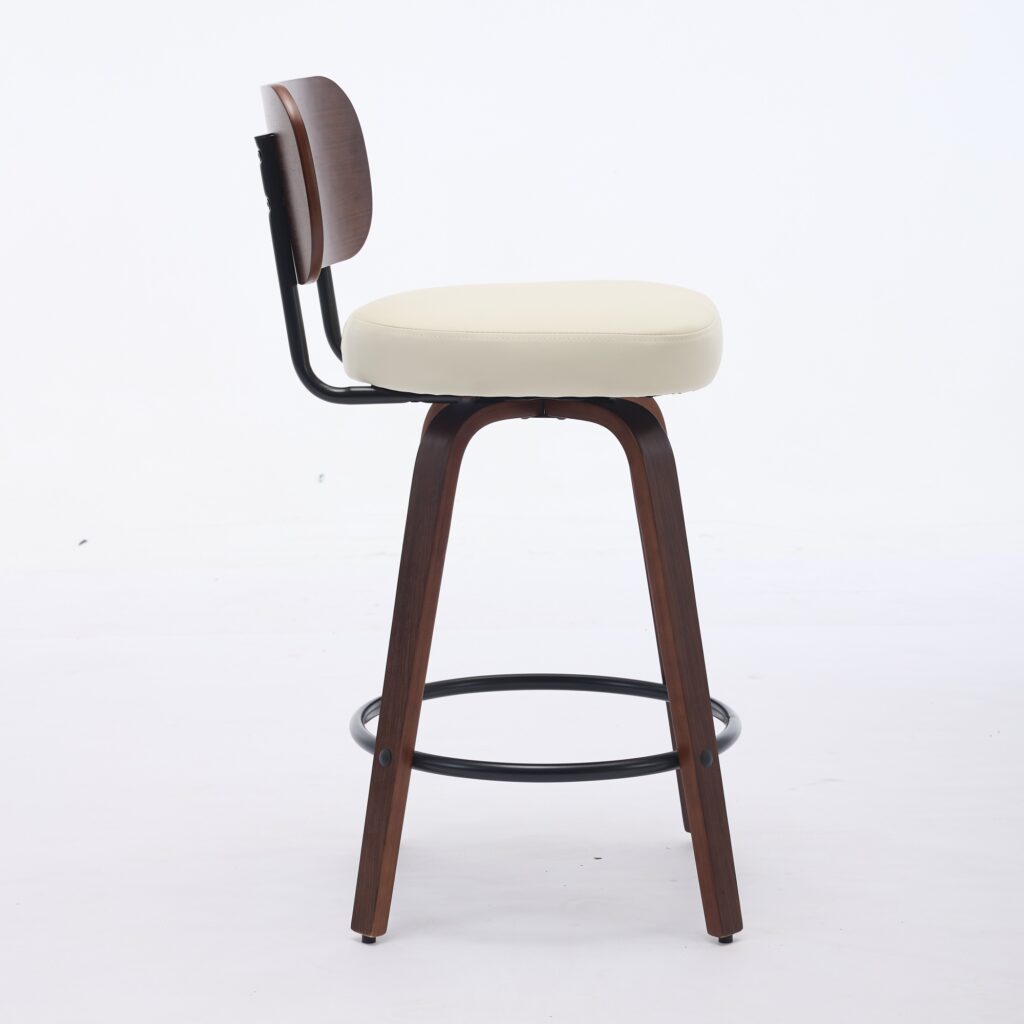 Swivel Bar Stools Set Of 2, 26 Upholstered Faux Leather Counter Height Barstools With Walnut Back & Bentwood Legs, Mid Century Modern Bar Chairs Island Stools For Kitchen Counter, Beige PU, SW1864BG