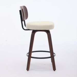 Swivel Bar Stools Set Of 2, 26 Upholstered Faux Leather Counter Height Barstools With Walnut Back & Bentwood Legs, Mid Century Modern Bar Chairs Island Stools For Kitchen Counter, Beige PU, SW1864BG