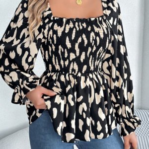 Women's Casual Ruffle Trim Square Neck Leopard Print Long Sleeve Chiffon Top