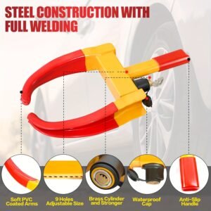 Stainless Steel Heavy Duty Tire Lock. Nine-hole Adjustable. Fits Cars, Trucks, RVs, Trailers, Bikes, Motorcycles