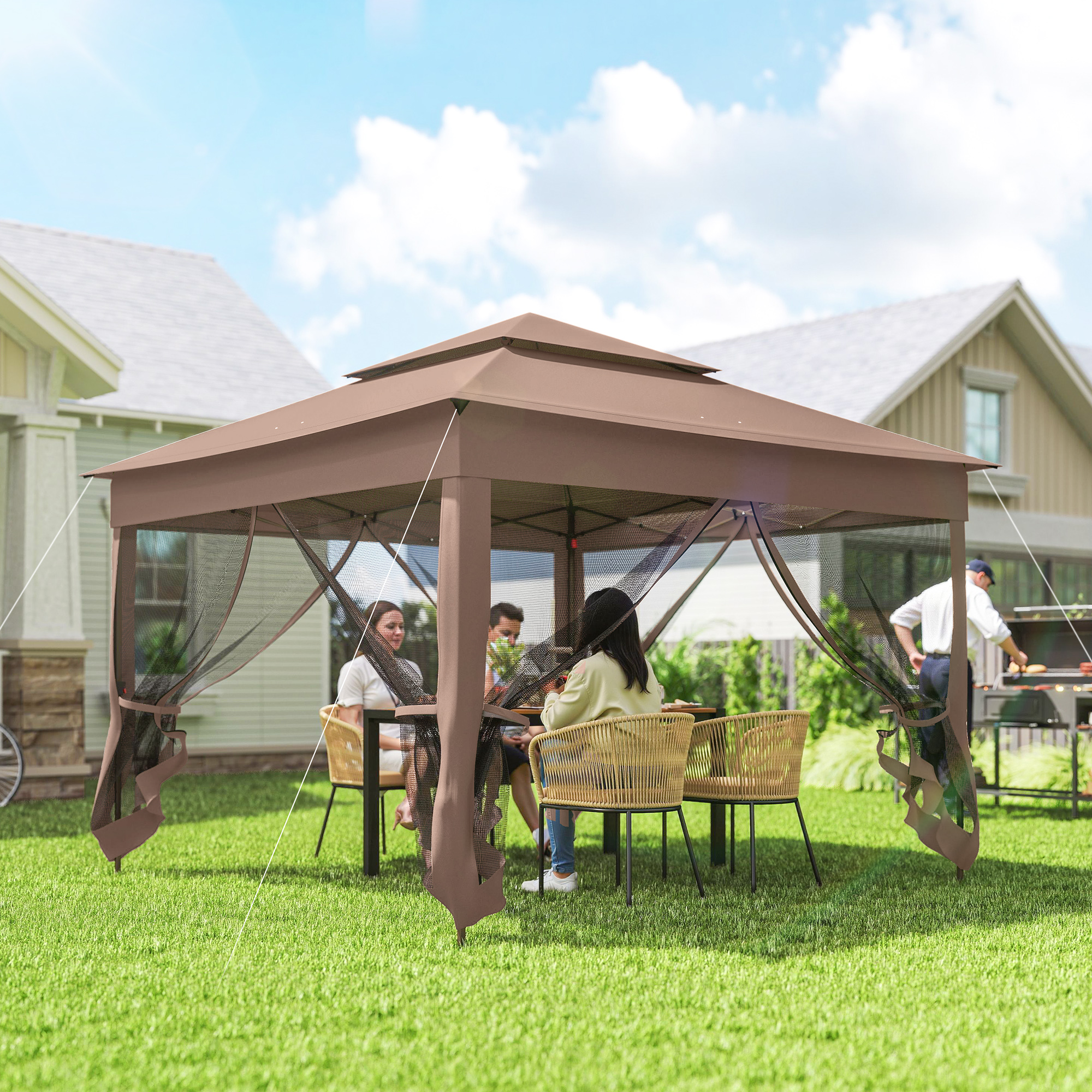 Outdoor Patio Pop Up Canopy Gazebo Shelter with Zipper Netting, Carry Bag, 11′ x 11′, Brown