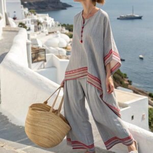 Womens Casual Printed Striped Colorblock Mid-Sleeve Crewneck Top And Pants Set