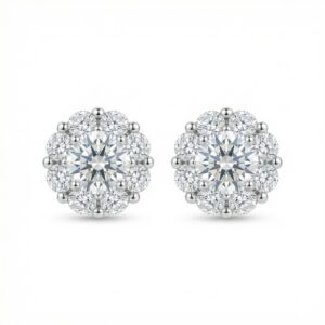 925 Sterling Silver Elegant Round Brilliant Diamond Halo Stud Earrings in Polished White Metal