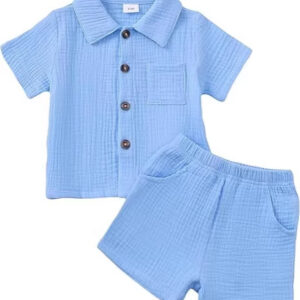 Baby Boy Cotton-Linen Solid Color Textured Fabric Lapel Collar Short-Sleeve Top Elastic Waist Shorts Set