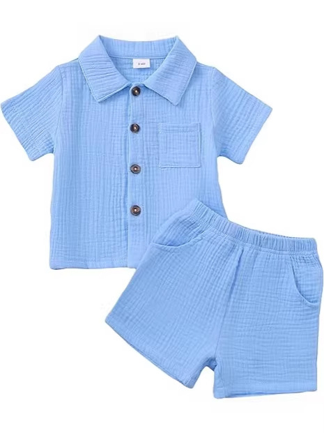 Baby Boy Cotton-Linen Solid Color Textured Fabric Lapel Collar Short-Sleeve Top Elastic Waist Shorts Set
