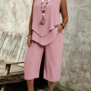 Casual Solid-Colored Sleeveless Top And Cropped Pants Two-Piece Set