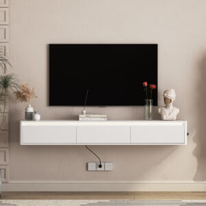 Floating TV Stand, Wall Mounted TV Shelf With Led Lights & Power Outlet,High Gloss TV Cabinet For White Tv Stands For Living Room