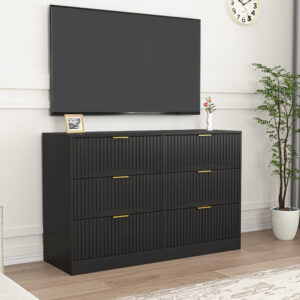 Modern 6-Drawer Dresser, Chest Of Drawers For Bedroom, Living Room, Hallway, And Entryway - Large Storage Cabinet, Black,Drawer Panel With Wavy Patterns