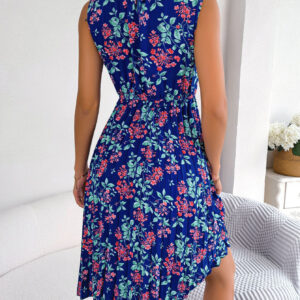 Women Elegant Ruffle Trim Floral Print Tie Waist Pleated Dress
