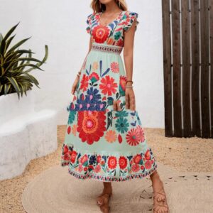 European And American-style V-neck Printed Dress