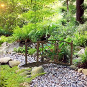 3.3' Metal Garden Bridge, Decorative Classic Footbridge Pond Bridge with Safety Railings for Backyard Garden Creek, Rust Brown